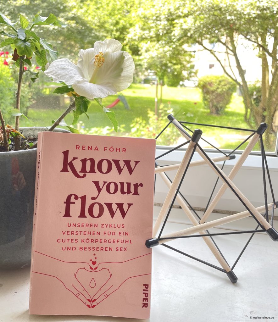 Aufnahme des Buchcovers "Know your Flow" von Rena Föhr vor einem Fenster und neben einer Hibiskus-Pflanze im Topf