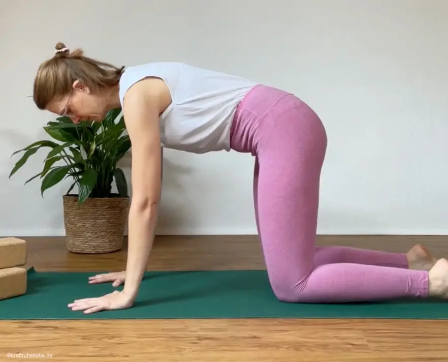 Eine Frau in pinker Yogaleggings übt Katze/Kuh auf einer grünen Yogamatte