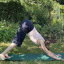 Eine Frau in Yogakleidung übt die Hundestellung auf einer grünen Yogamatte in einem Garten.